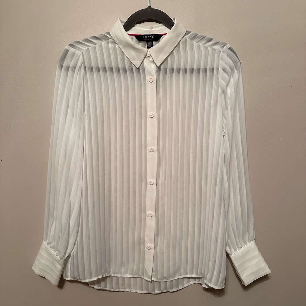 NWT Isaac Mizrahi White Striped Sheer Button Down Blouse Women's XS